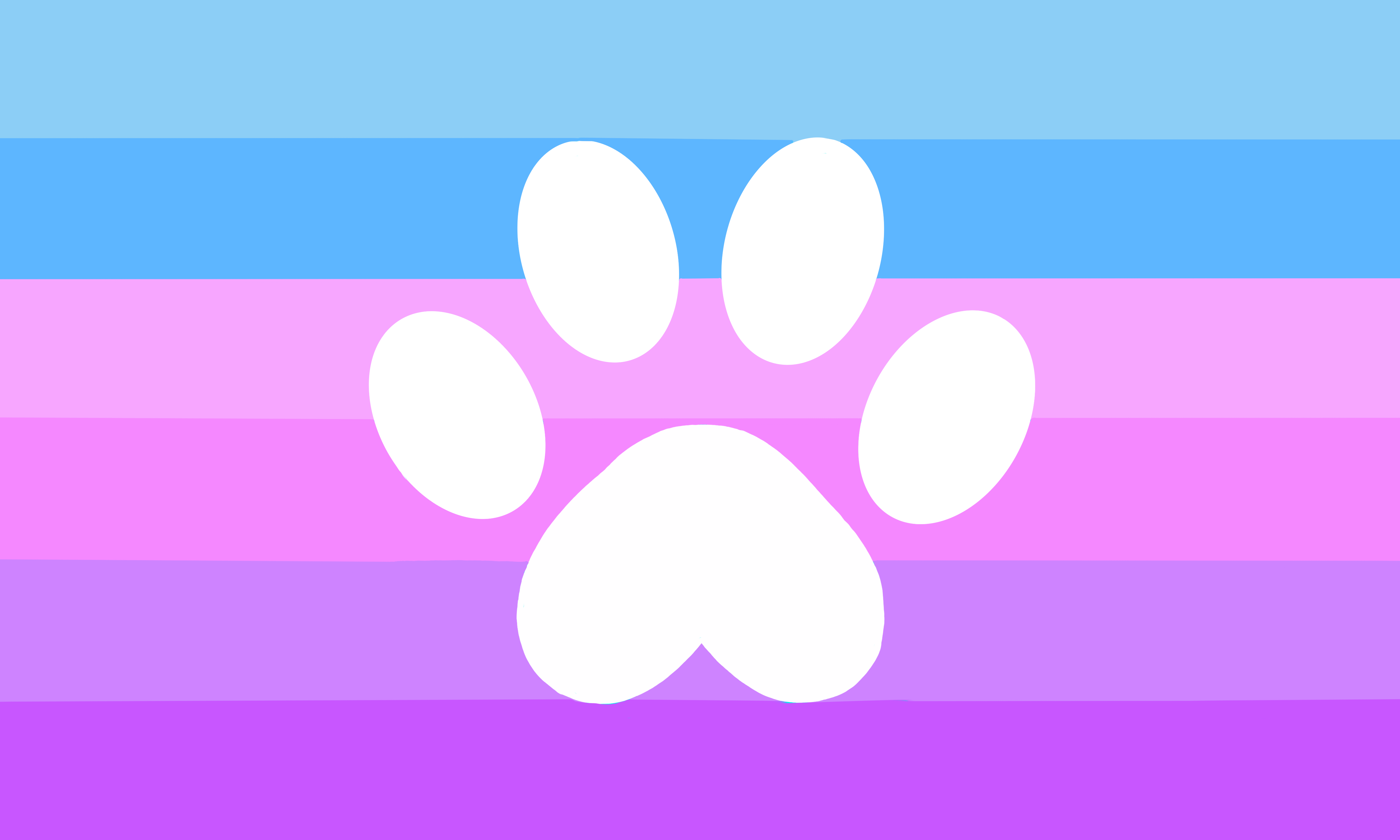 Drapeau cat-gender: 6 couleurs de haut en bas:
                         bleu ciel, bleu, rose clair, rose, violet clair, 
                         violet. Il y a une trace de pas de chat au centre du
                          drapeau.